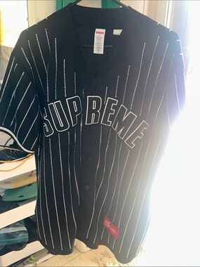 Supreme Black Pinstripe Logo Baseball Jersey with White Trim